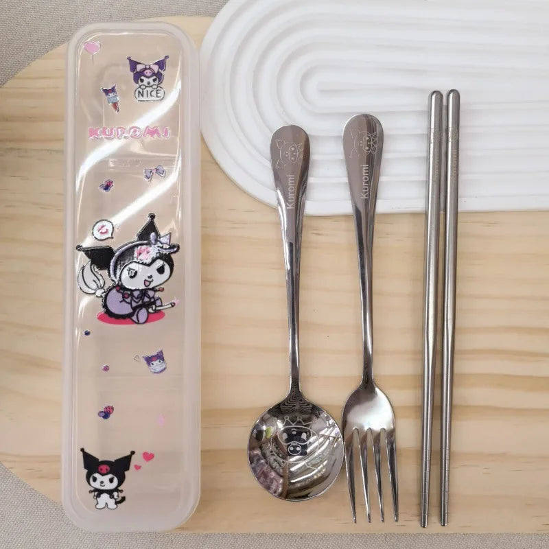 Kuromi Stainless Steel 3-Piece Portable Cutlery Set Cute Cartoon-Themed, Stylish Fork and Spoon Set Qme 1