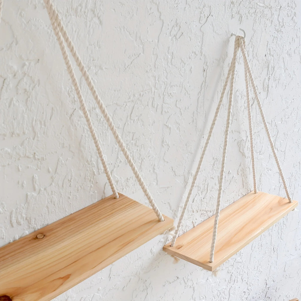 Boho Style 2 Piece Floating Shelves - Wooden Wall Hanging Storage Shelf Set for Potted Plants & Decor, Versatile Log Material, Qme