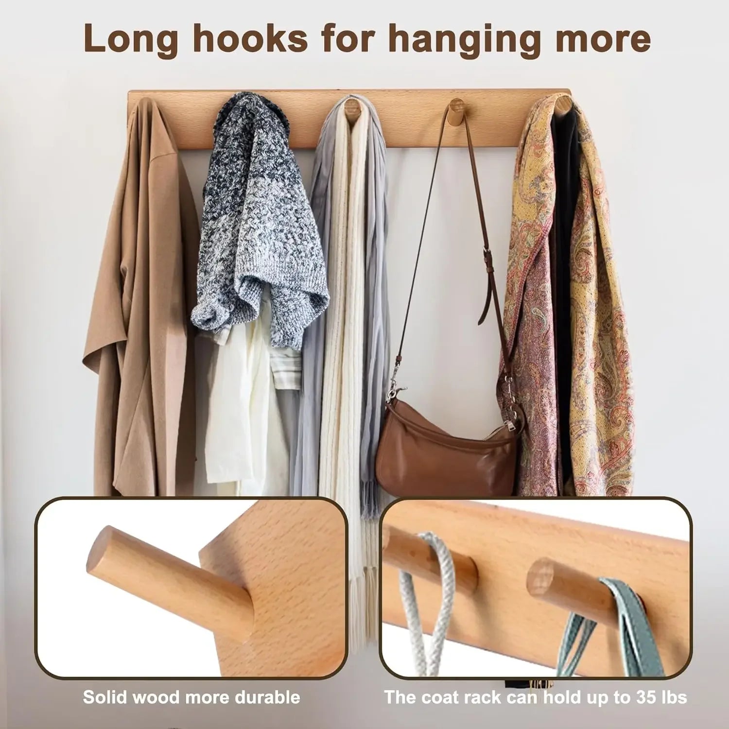 Natural Wood Wall Mounted Coat Rack, Multi-hook Hanger for Clothes & Bags Qme