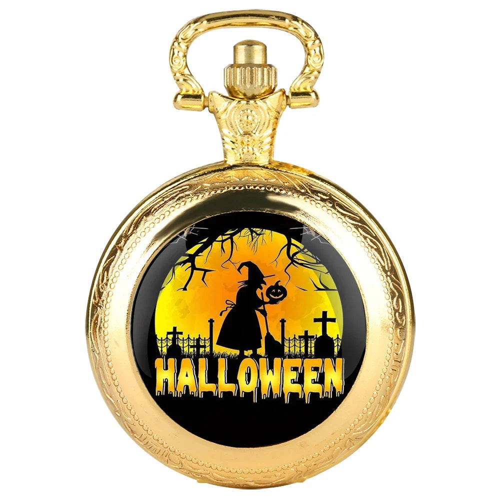 Black quartz pocket watch with Halloween glass dome, Arabic numeral dial and durable chain Qme Gold