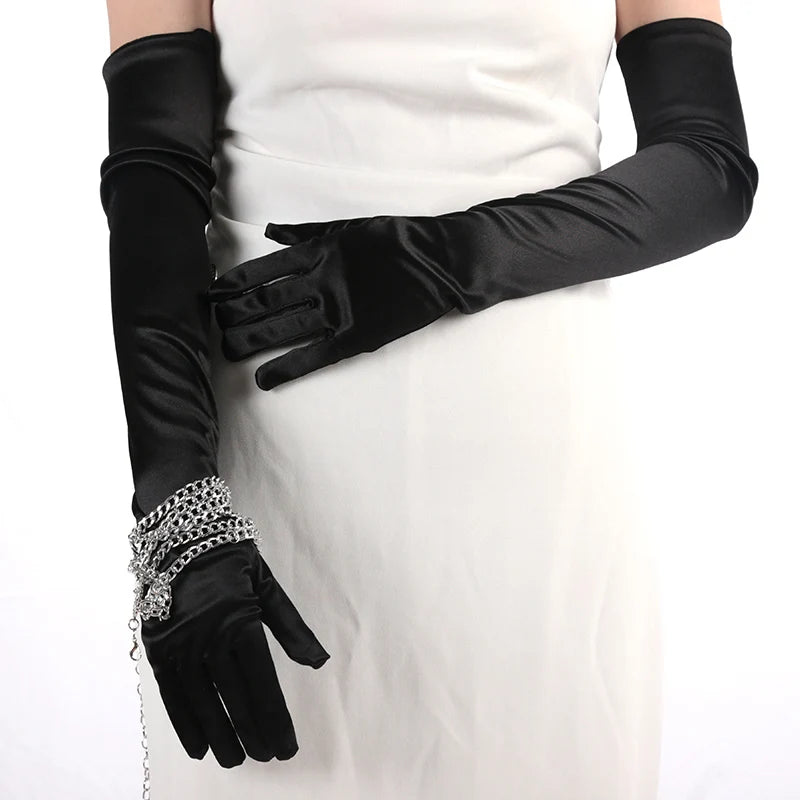 Classics Ladies Satin Long Mittens Stage Performance Women Black Colour Gloves Sexy Accessories Soft Smooth Solid High Stretch Qme