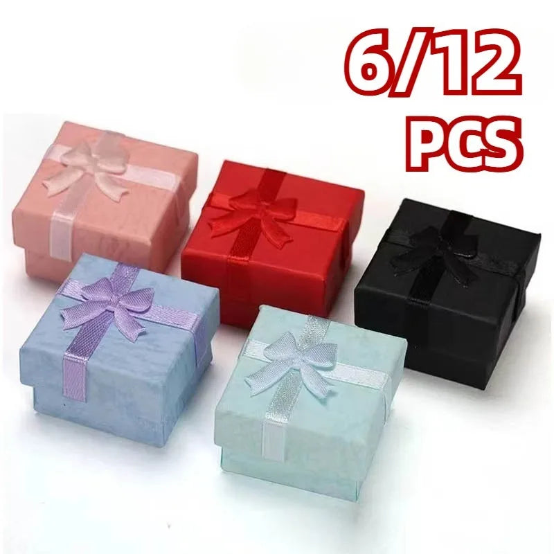 6/12PCS Multicolor Ring Storage Box Jewelry Ring Box Necklace Earrings Valentine's Day Birthday Wedding Gift Bowknot Packaging Qme Blue 6PCS