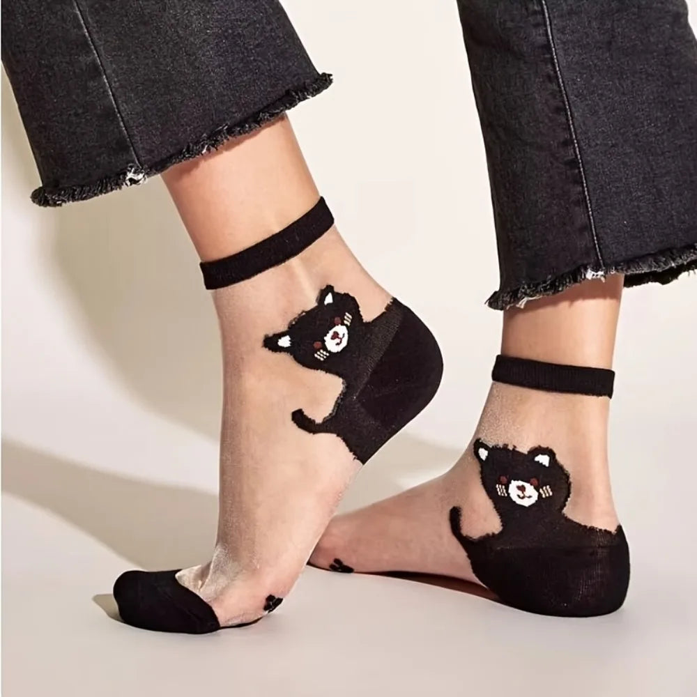 Women's Cute Bear Pattern Sheer Socks, Transparent Crystal Silk Ankle Socks For Summer, Casual & Daily Wear Qme