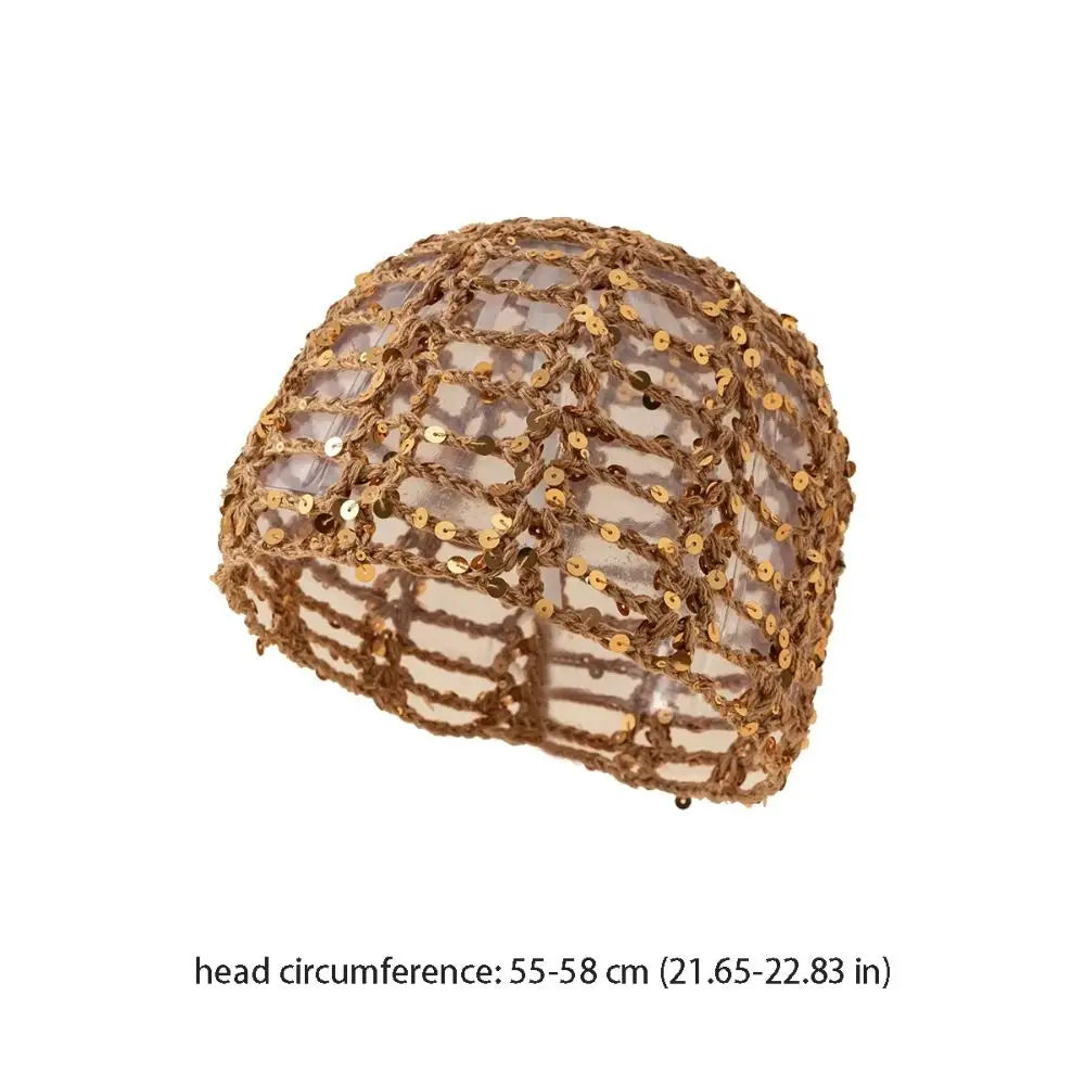 Retro Elegant Hollowed Out Knitted Hat Thin Solid Crochet Sequined Qme