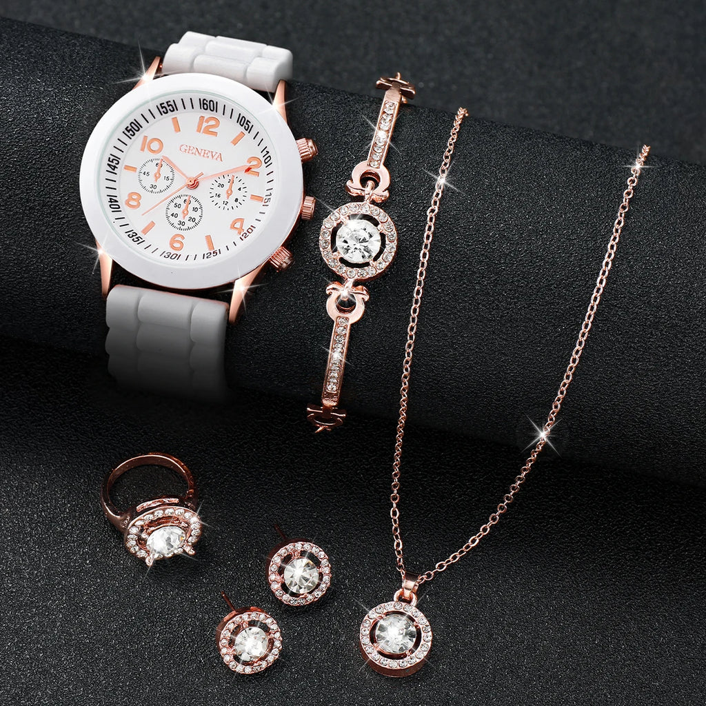 7PCs/Set Women's Watch Combination Set New Creative Trendy Watch Leather Watch Silicone Watch Jewelry Set Box Not Included Qme