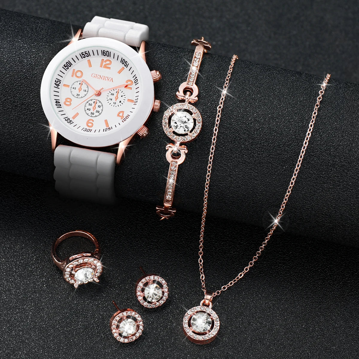7PCs/Set Women's Watch Combination Set New Creative Trendy Watch Leather Watch Silicone Watch Jewelry Set Box Not Included Qme