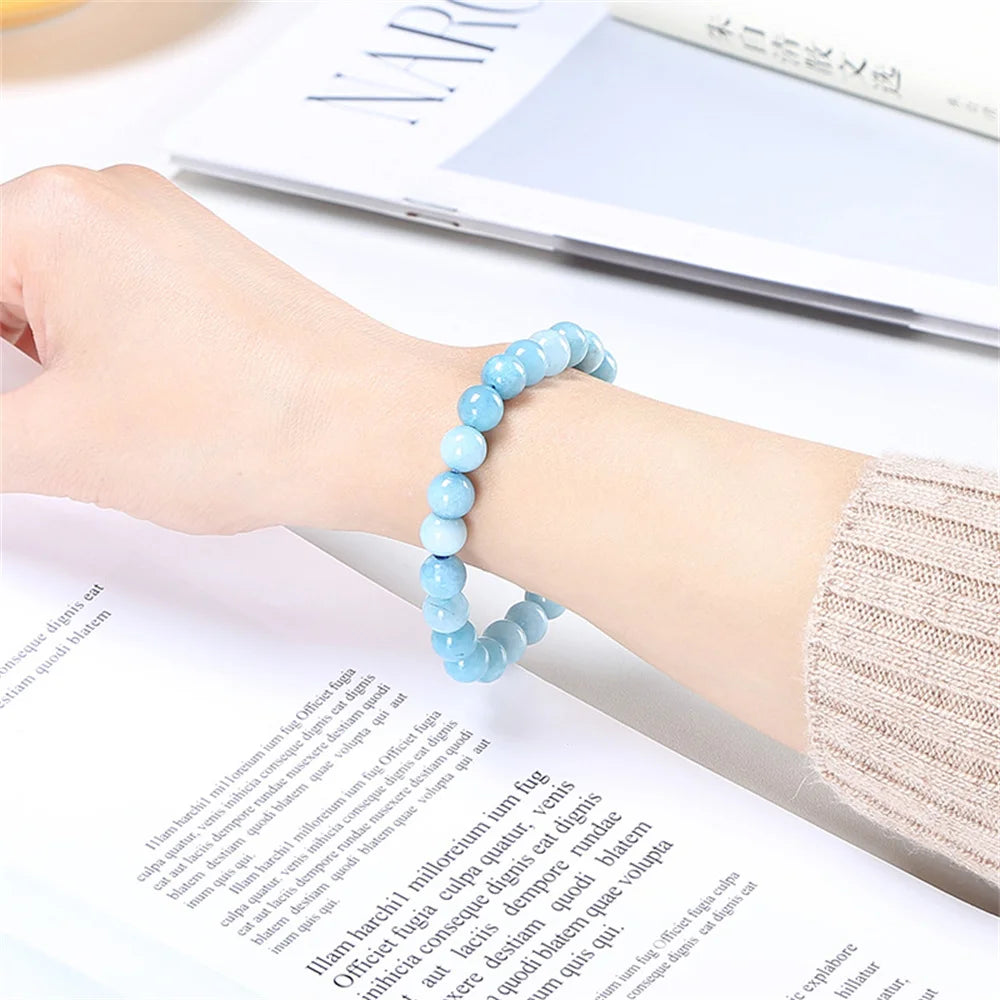 Natural Aquamarine Bead Bracelets Women Temperament Purple Chalcedony Charm Round Stone Elegant Healing Strand Bangles Wristband Qme