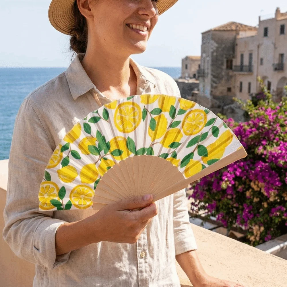 Fashion Lemon Print Folding Hand Fan Delicate Wooden Handle Cranked Qme
