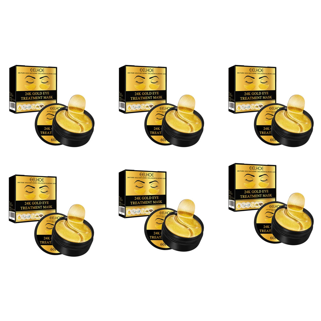 24K Gold Eye Treatment Mask Remove Dark Eye Circles Firming Fade Fine Lines Anti-Aging Hyaluronic Acid Collagen Under Eye Mask Qme 6 x 60Pcs Boxed