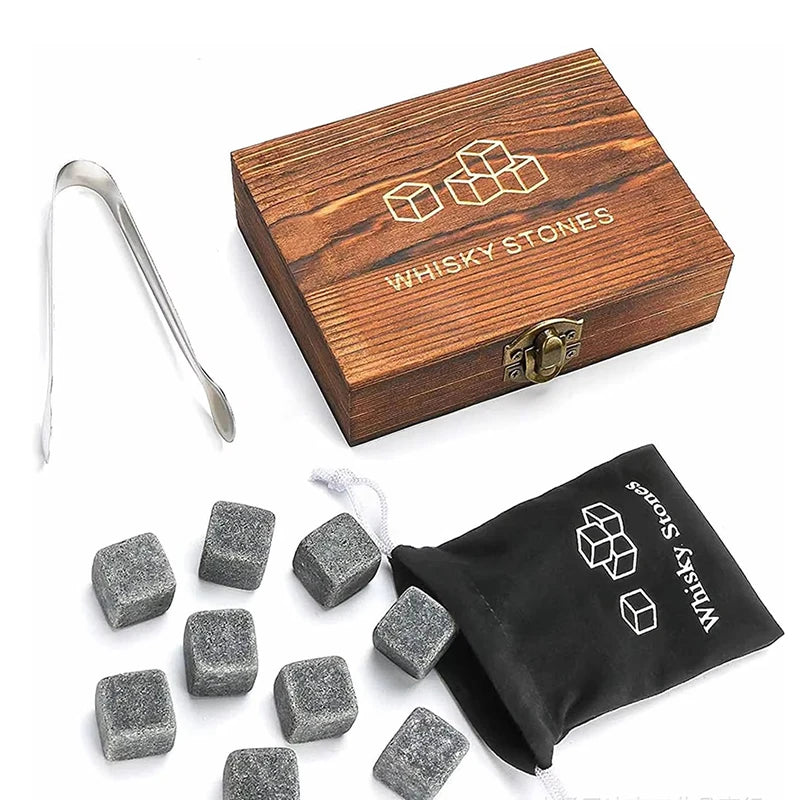 9 PCS Whisky Ice Stones Reusable Ice Cubes Bar Tools Whiskey Cooling Ice Stones Gifts For Whisky Lovers Stone Wooden Box Set Qme