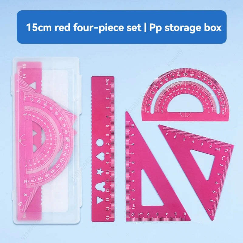 4 In 1 Aluminum Alloy Ruler Stationery Set Aluminum Alloy Multifunctional Combination Ruler for Drawing Ruler Set Qme pink