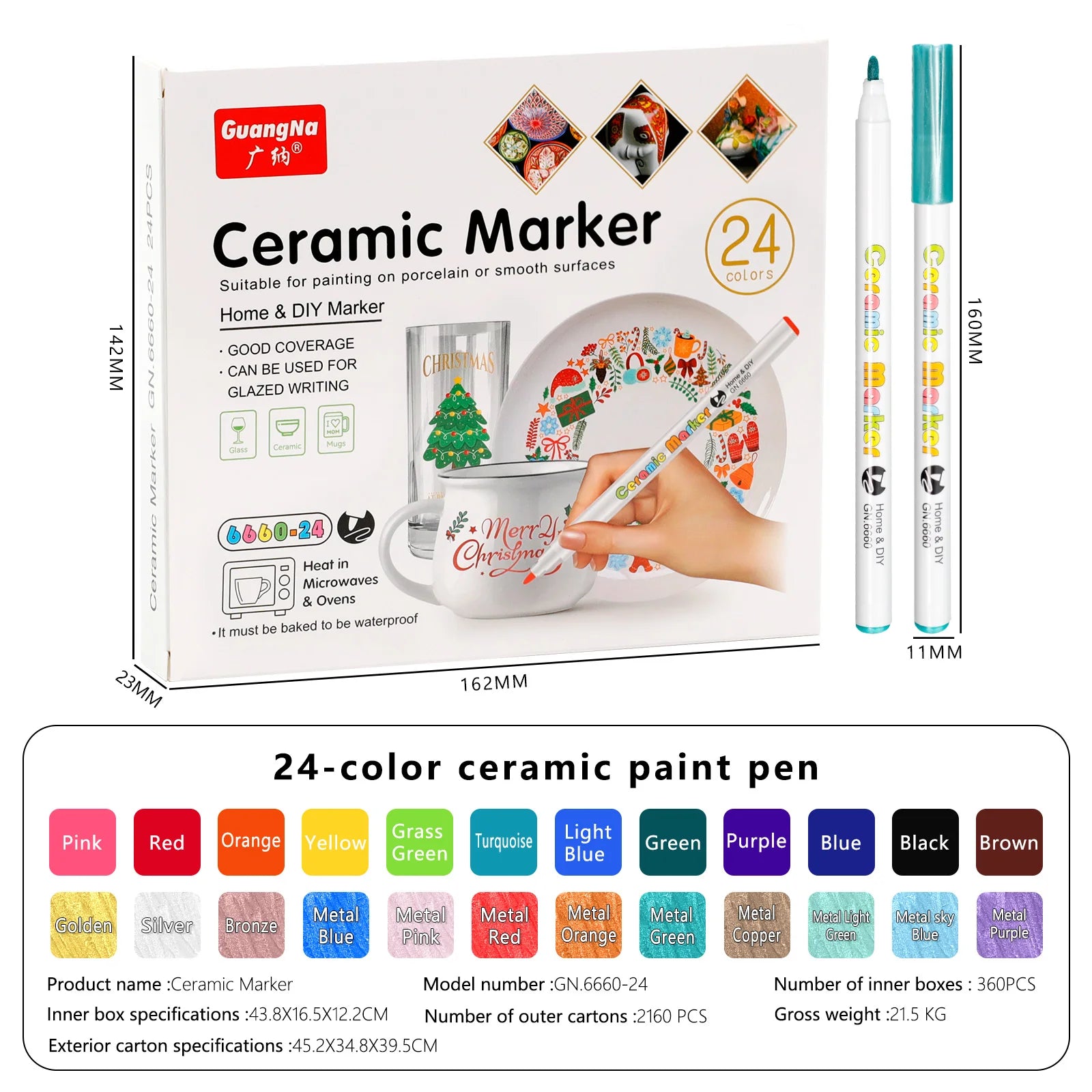 GN 12/24 Colors Ceramic Markers,Non-Toxic Ceramic Paint Pens,DIY Art Marker, for Rock Glass Porcelain Drawing Craft Supplies Qme 24 colors