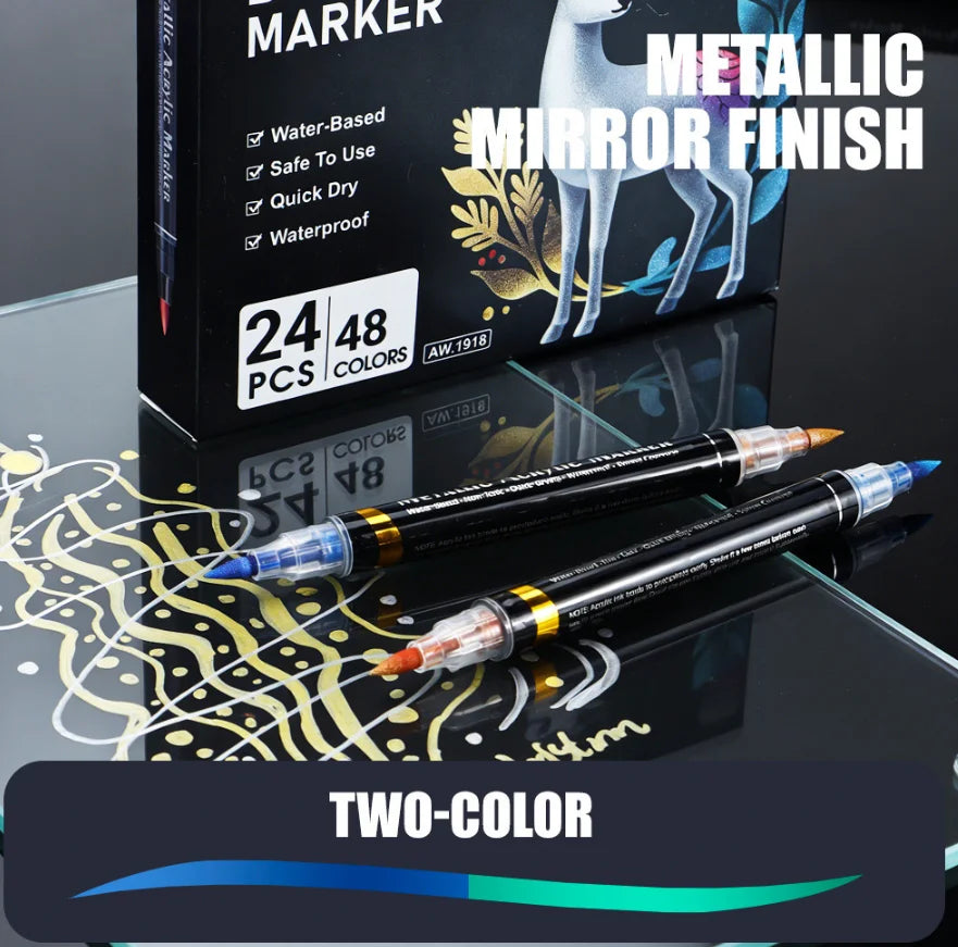 6-24 Pcs Dual Ended Metallic Acrylic Marker Two-color Touch-up Pen Waterproof Permanent for DIY Craft Drawing Graffiti Art Qme