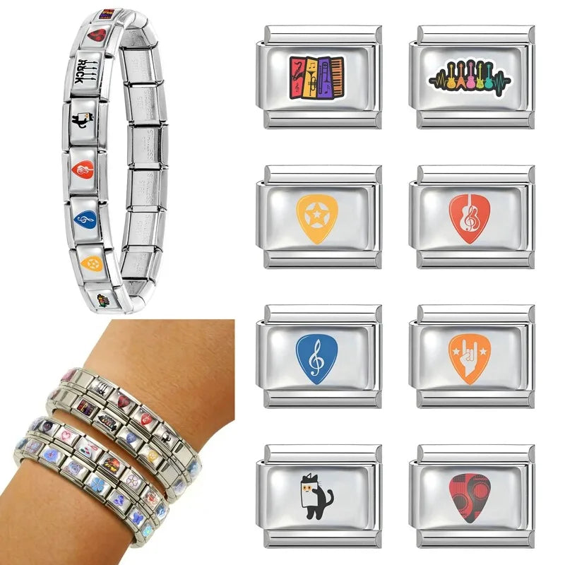 Women Musical Elements Note Guitar Electric Accordion Guitar Charm Italian Links Fit 9mm Stainless Steel Bracelet Making Jewelry Qme