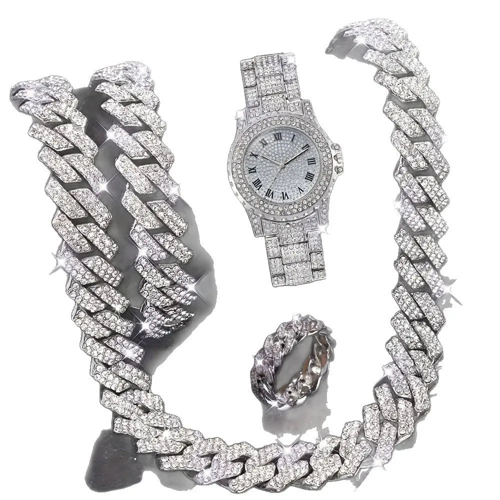 4pcs Men's Hip Hop Diamond Bracelet Set, Ring Set, Men's Watch Gift Set Qme