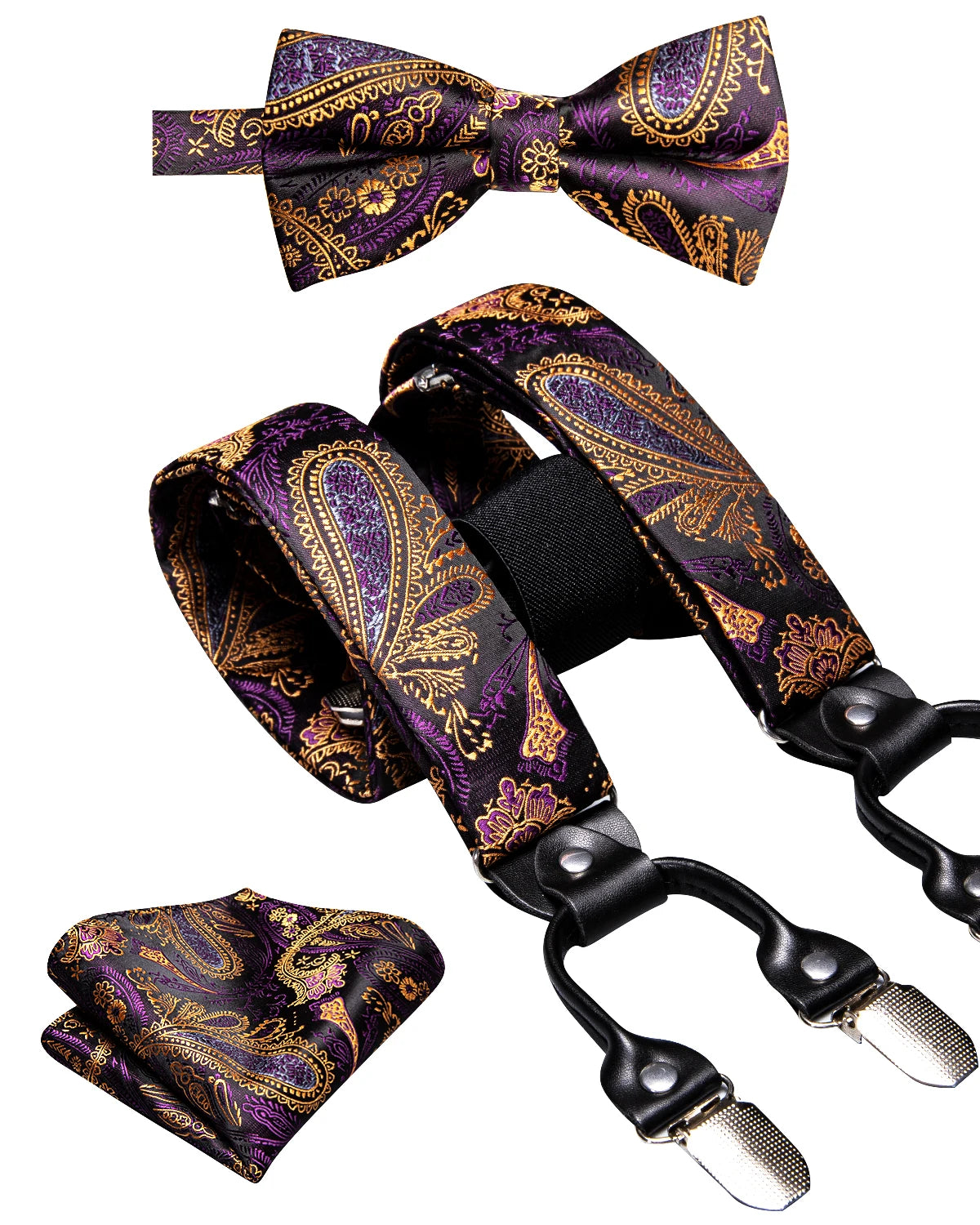 Hi-tie Silk Men's Suspender Metal 6 Clips Braces Bow Tie Hankerchief