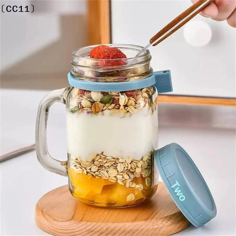Overnight Oats Containers Handle Lid Spoon Glass Oatmeal Jars Cereal Qme