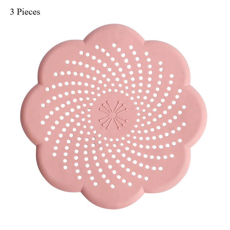 Silicone Flower Drain Cover Kitchen Bathroom Anti-Clogging Anti-Odor Anti-Insect Floor Drain Filter Hair Catcher Sink Strainer Qme Pink-3pcs
