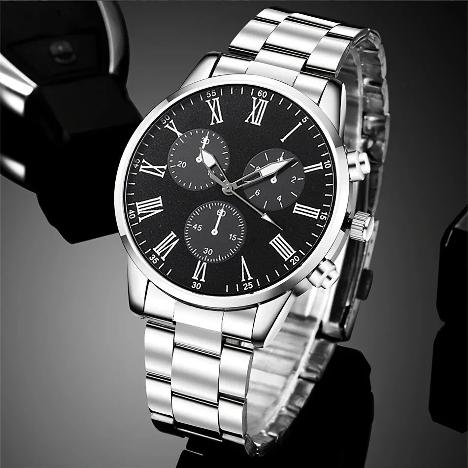 2 Pieces Fashion Men's Watch Quartz Simple Roma Dial Men's Business Watches Men's Watch (Without Box) Qme
