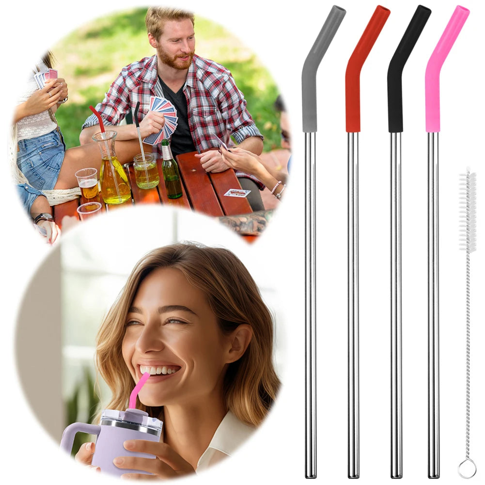 4Pcs Stainless Steel Straw with Silicone Tip Cleaning Brush Long Metal Straw with Silicone Tips for Stanley 40oz Cup Accessories Qme