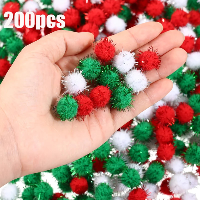 100/200 glitter fur balls, colorful 0.39inch sequined plush white, green and red decorative balls, suitable for handmade, holida Qme 200Pcs color mixing