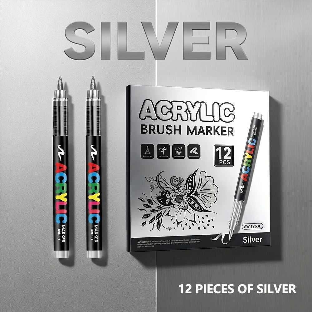 12 Colors Acrylic Paint Pen Set Black/White/Gold/Silver Acrylic Highlights Markers Brush Tip Markers for Wood Rock Painting Gift Qme 12 silver