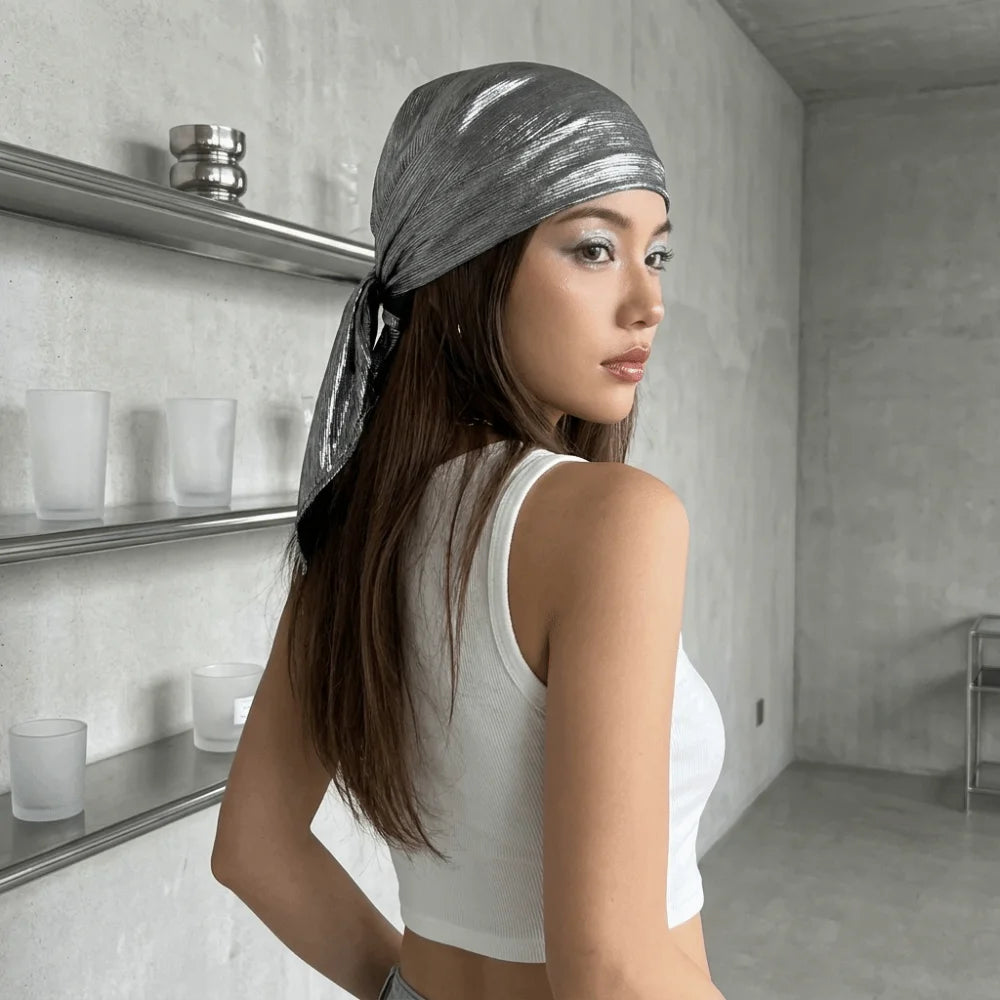 Polyester Liquid Silvery Headscarf Sparkly White Shiny Metallic Bandana Lightweight Breathable Satin Square Turban Qme