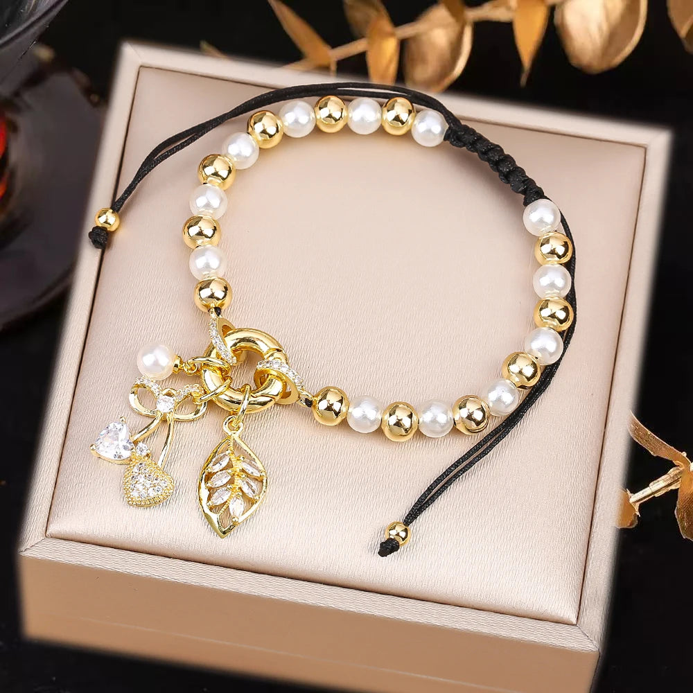 High Quality Pearl Chain Braided Crystal Cherry Adjustable Rope Bracelet Charming For Woman Girl Party Jewelry Gift Daily Wear Qme N