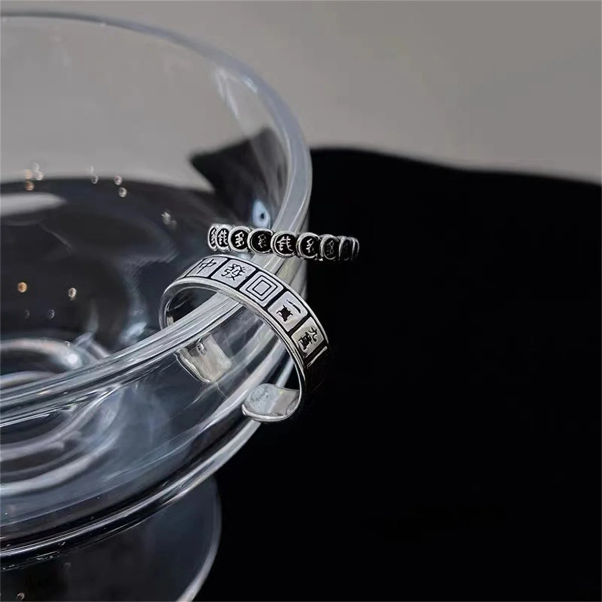 Creative Mahjong Money Abundant Adjustable Open Free Size Chinese Character Print Finger Ring for Men Women Retro Silver Color Qme