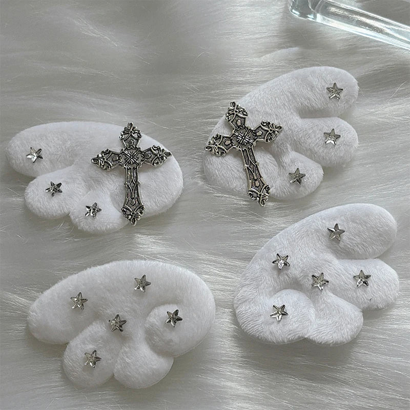 Cute White Angel Wings Gothic Cross Hair Clip Subculture Y2k Hairpin Qme