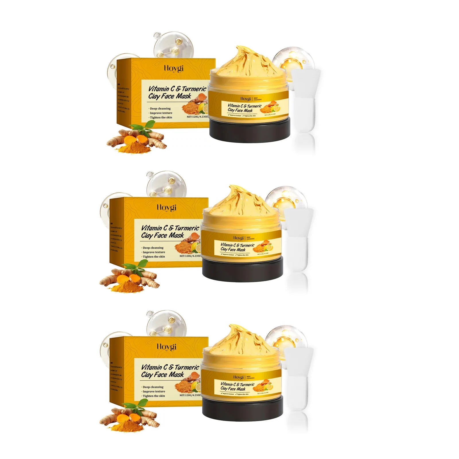 Vitamin C Turmeric Clay Mask Deep Cleansing Hydrating Pore Purifying Fade Dark Spots Acne Even Skin Tone Tightens Skin Care Qme 3 x 120g boxed