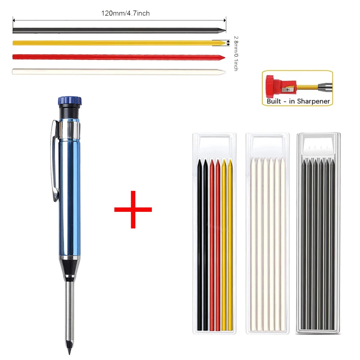 Metal Solid Carpenter Pencils with Sharpener Carpenter 2.8mm Solid Mechanical Pencils Marking Tools Construction/Carpenters Qme 1 blue pen-3 refills