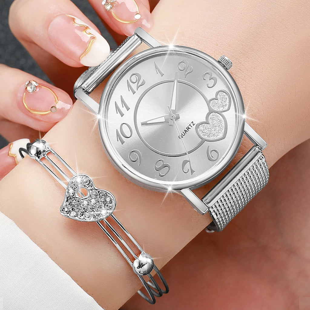 6 pçs/set relógio feminino moda banda de plástico relógio de quartzo strass coração conjunto de jóias (sem caixa) Qme