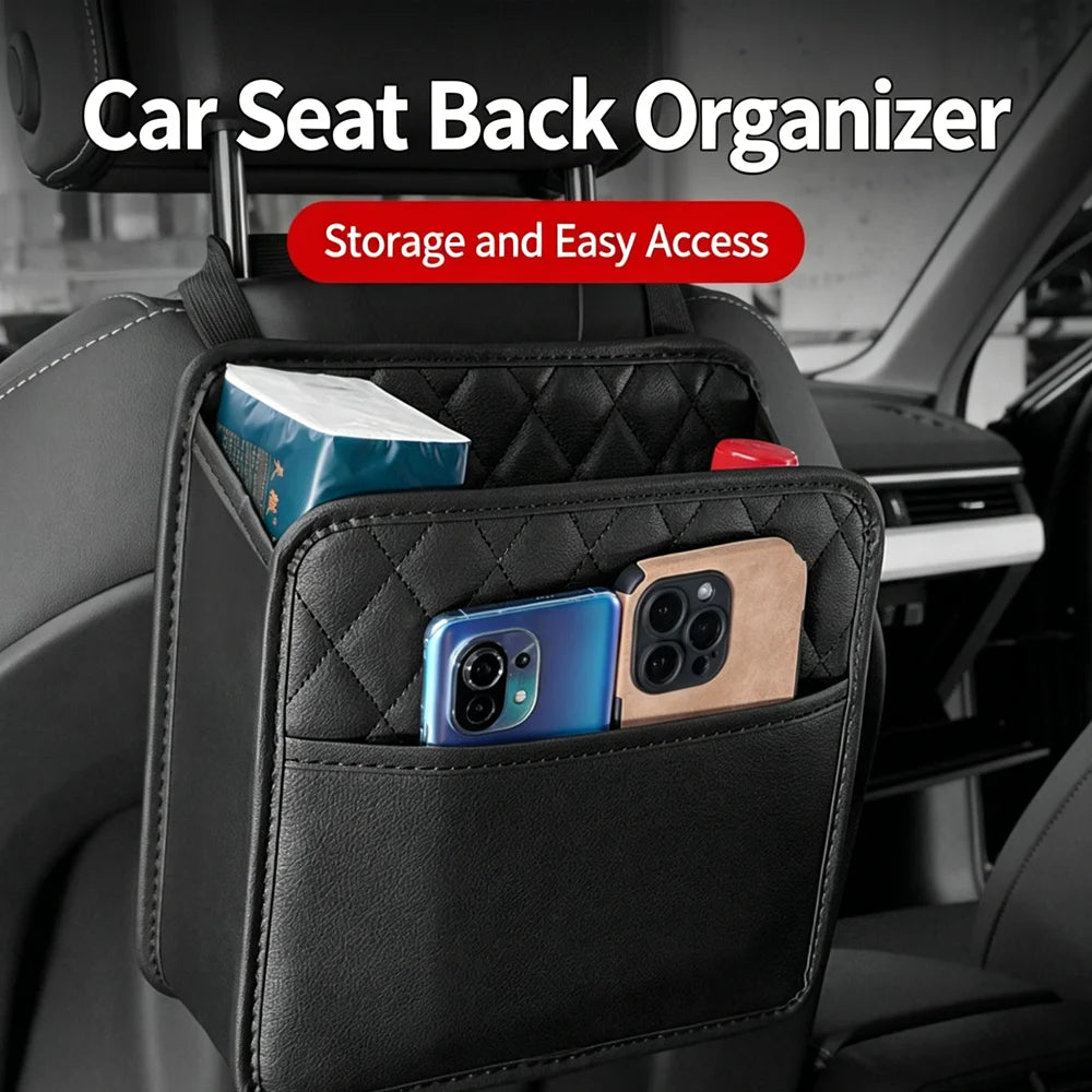 Leather Car Seat Back Storage Bag, Multi-Purpose Organizer with Garbage Can & Trash Bag Holder for Most Models Qme
