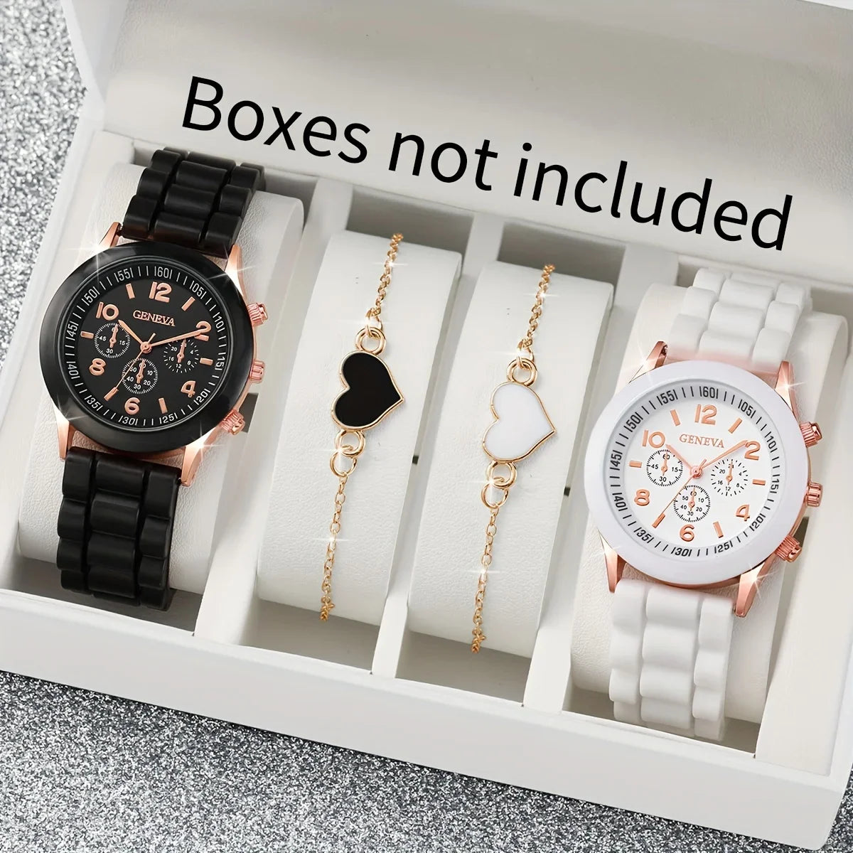 4-Piece Quartz Watch and Heart-Shaped Bracelet Set - Accurate Timekeeping, Casual Fashion Style, Perfect Valentines Qme black and white set