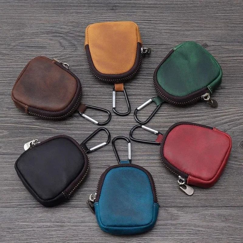 Crazy Horse Leather Earbuds Key Wallet Zipper Shell Design Multi-use Qme