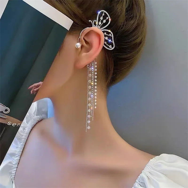 Creativity Exaggerate Silver Color Tassel Butterfly Ear Clips Women Ear Cuff Clip Fairy Earrings Without Piercing Sparkling Qme Silver Right Ear Sin