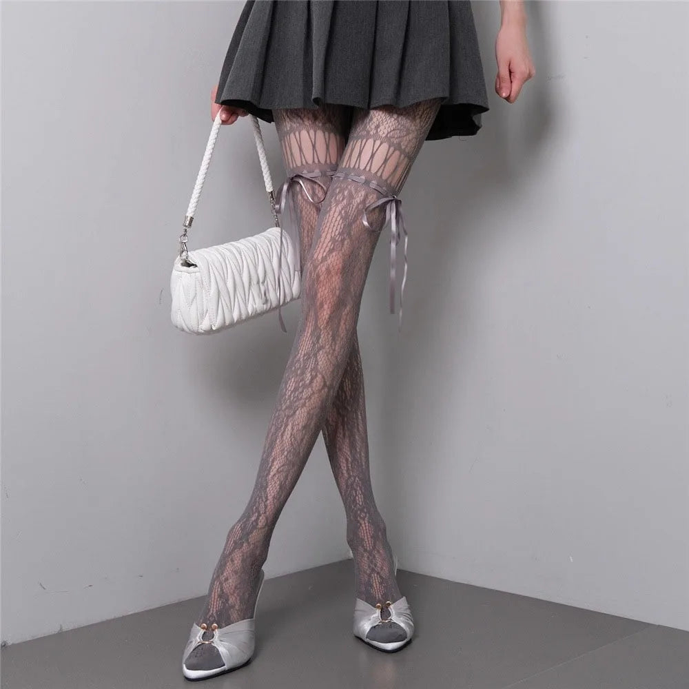 Waist Mesh Lace-up Pantyhose Smooth High-density Shaping Silk Qme Grey One Size