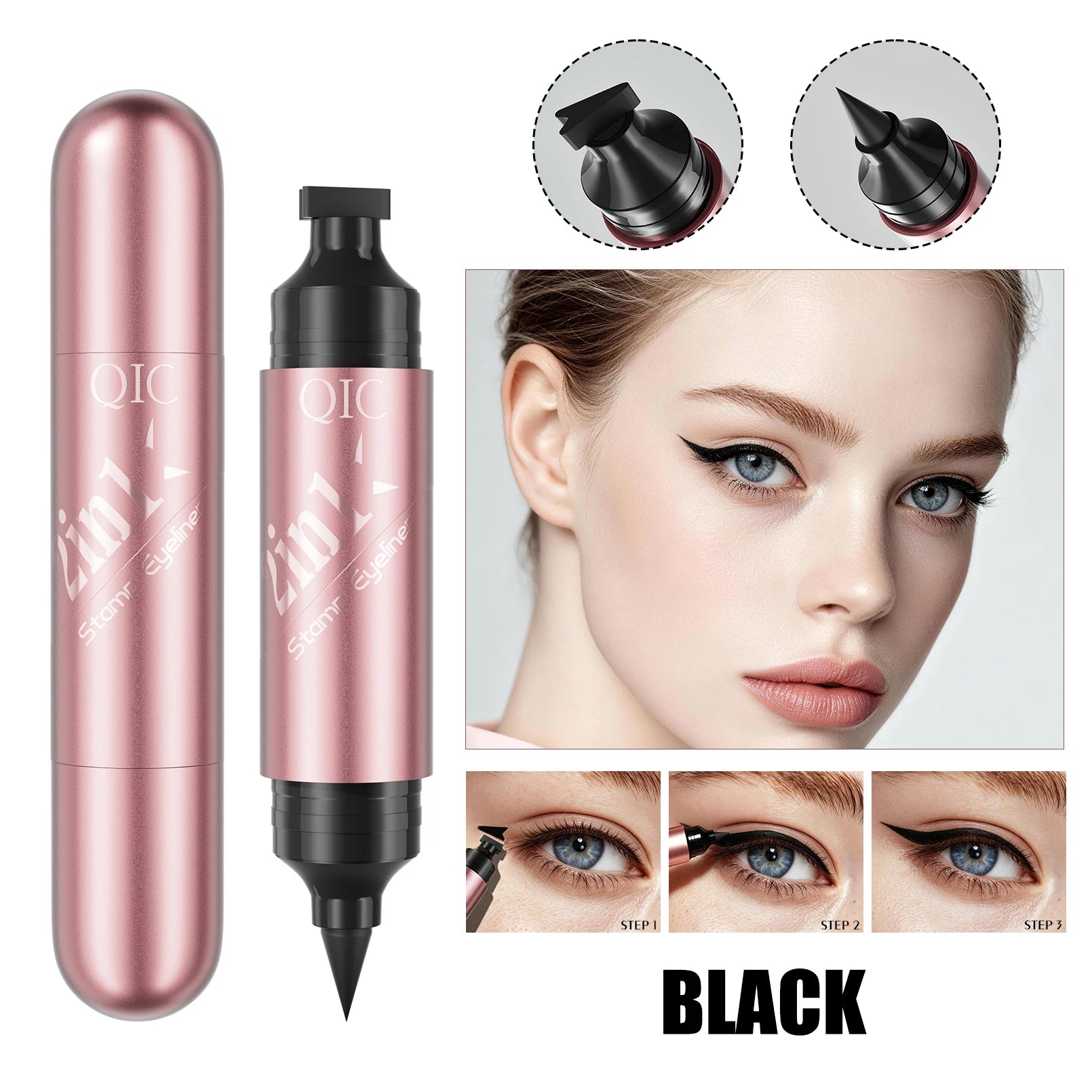 2 In 1 Double Head Stamp Eyeliner Waterproof Sweatproof Smudgeproof Quick Dry Black Liquid Eyeliner Natural Eye Makeup Qme Q633