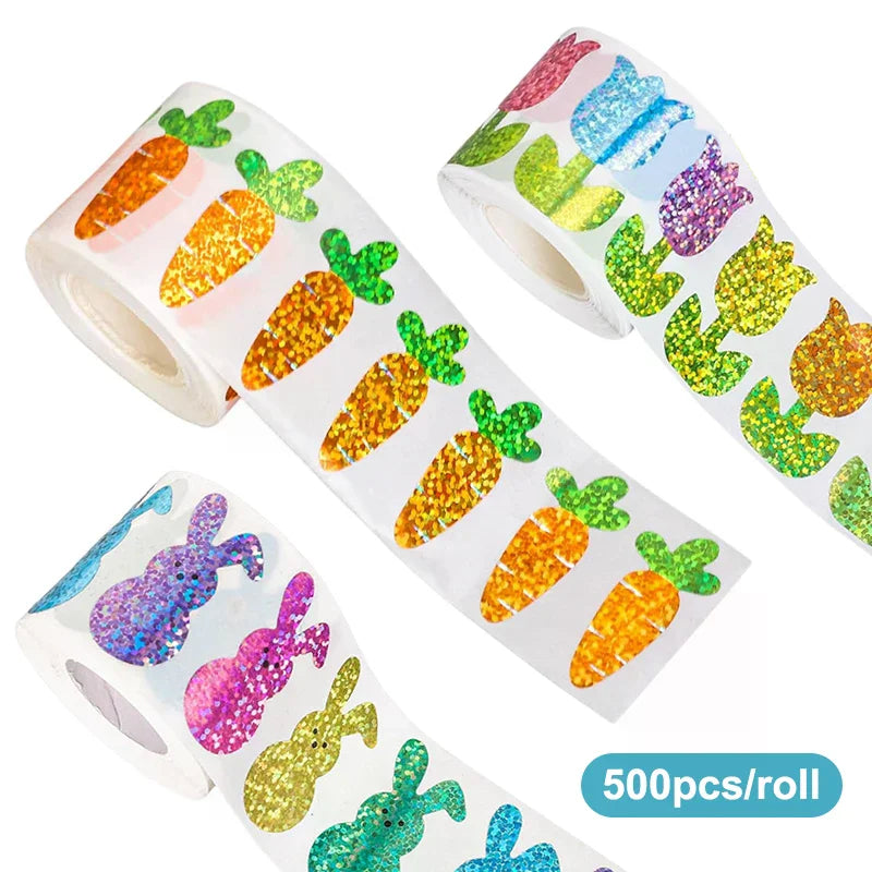 500pcs/roll Easter Bunny Carrot Stickers Holographic Waterproof Stickers For Easter Egg Hunt, Party Decorations, Scrapbooking Qme