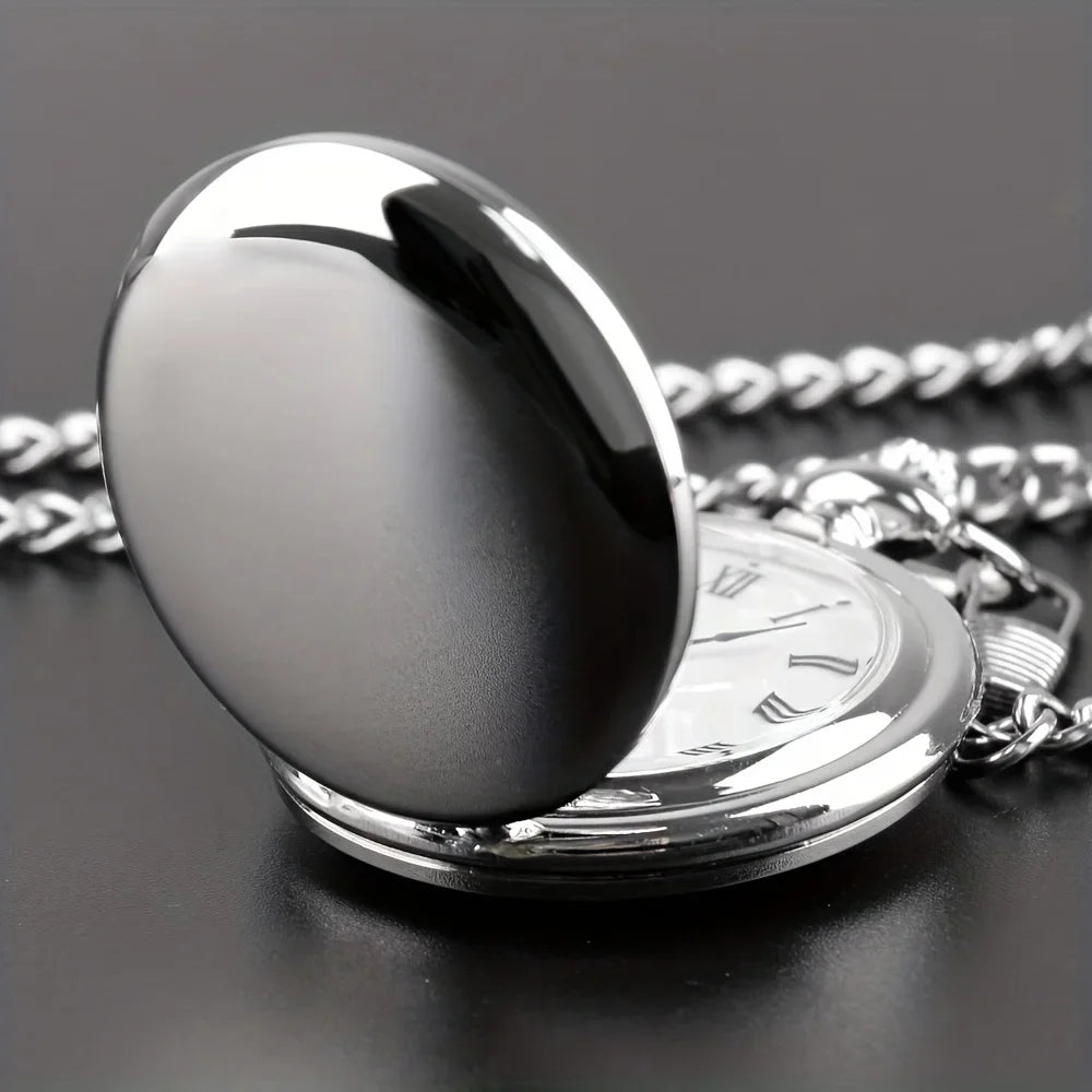 Smooth Steel Quartz Pocket Watch, Vintage Roman Number Dial Watch Qme