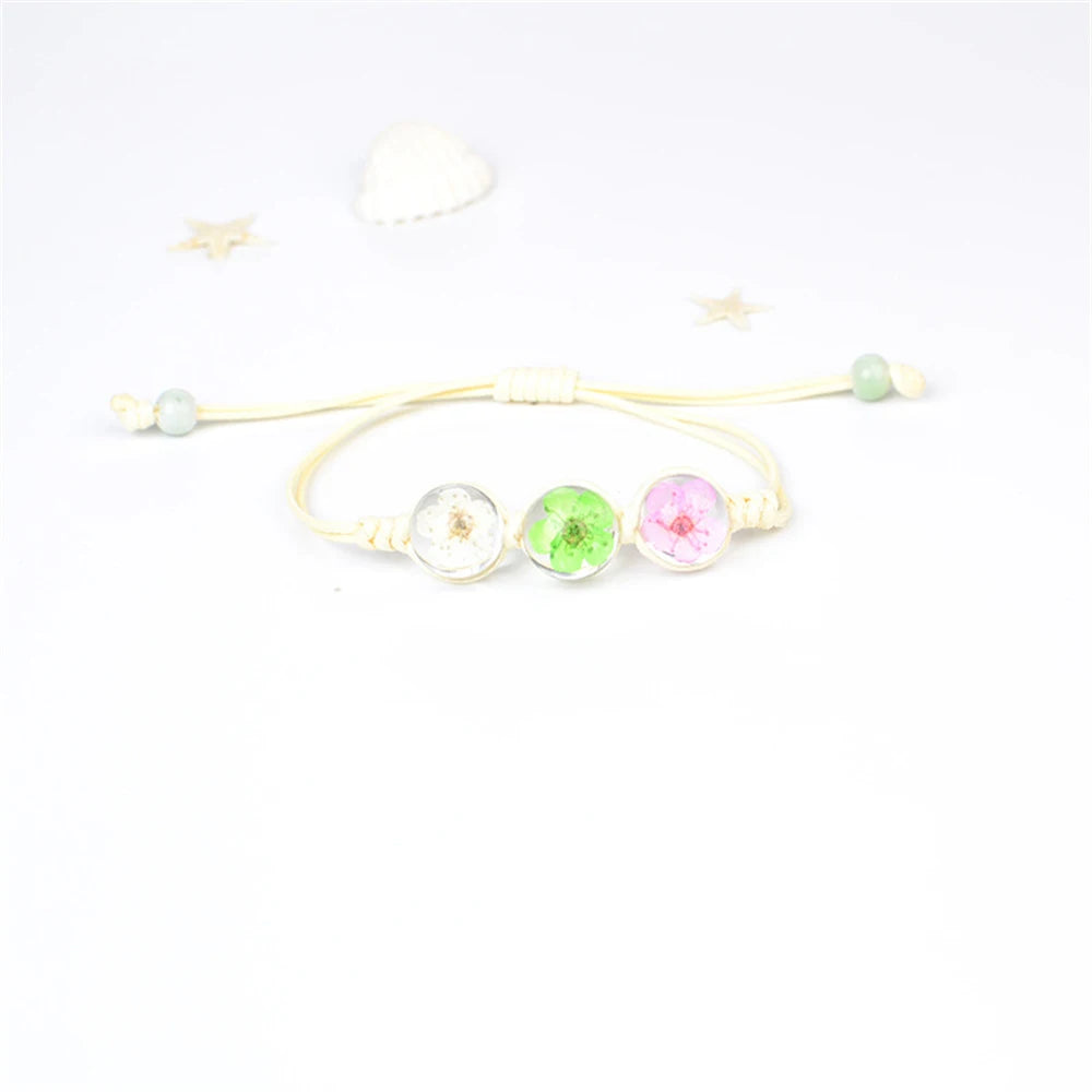 b22 Glass Ball Dried Cherry Blossoms Hand-made Dried Flower Charm Bracelets Multiple options Gifts Natural Flower Weave Jewelry Qme white green pink