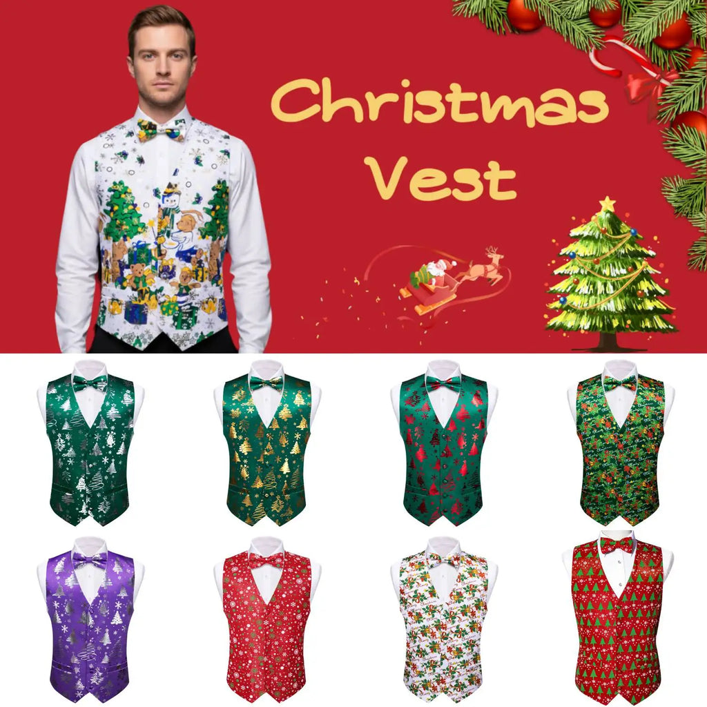 Christmas Colorful Vest Bow Tie Pocket Square Cufflinks Set 4 Pieces Xmas Wedding Party Suit Accessories Gifts for Dad Boyfriend Qme