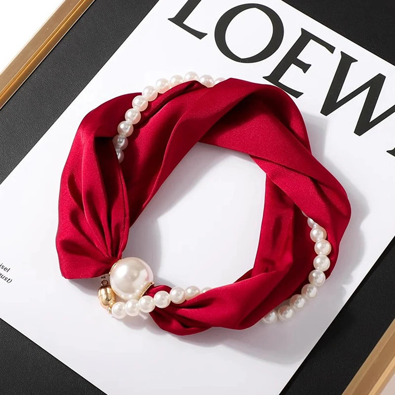 Magnetic Narrow Elegant Satins Neck Scarf Wrap Pearls Chain Necklace Qme wine red