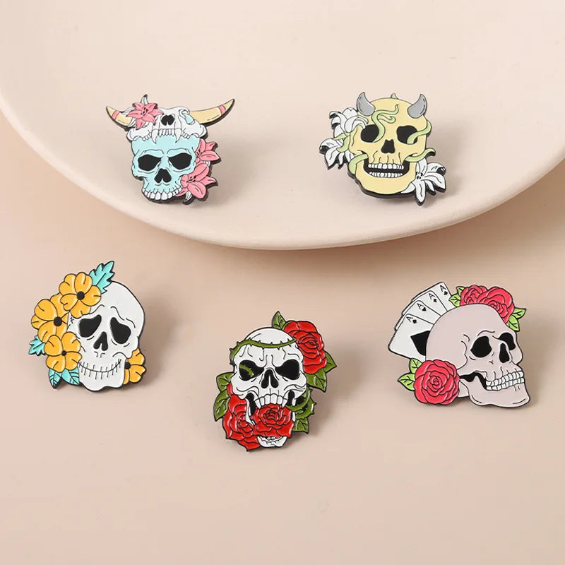 Flower Skeleton Enamel Pins Skull Badges Punk Plant Brooches Lapel Clothes Backpack Gothic Women Men Kids Jewelry Gift Wholesale Qme