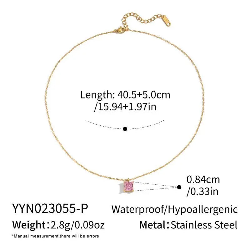 Minimalist Stainless Steel Pendant Necklace Square Colorful Zircon Jewelry for Work Business Casual Outfit Qme A3
