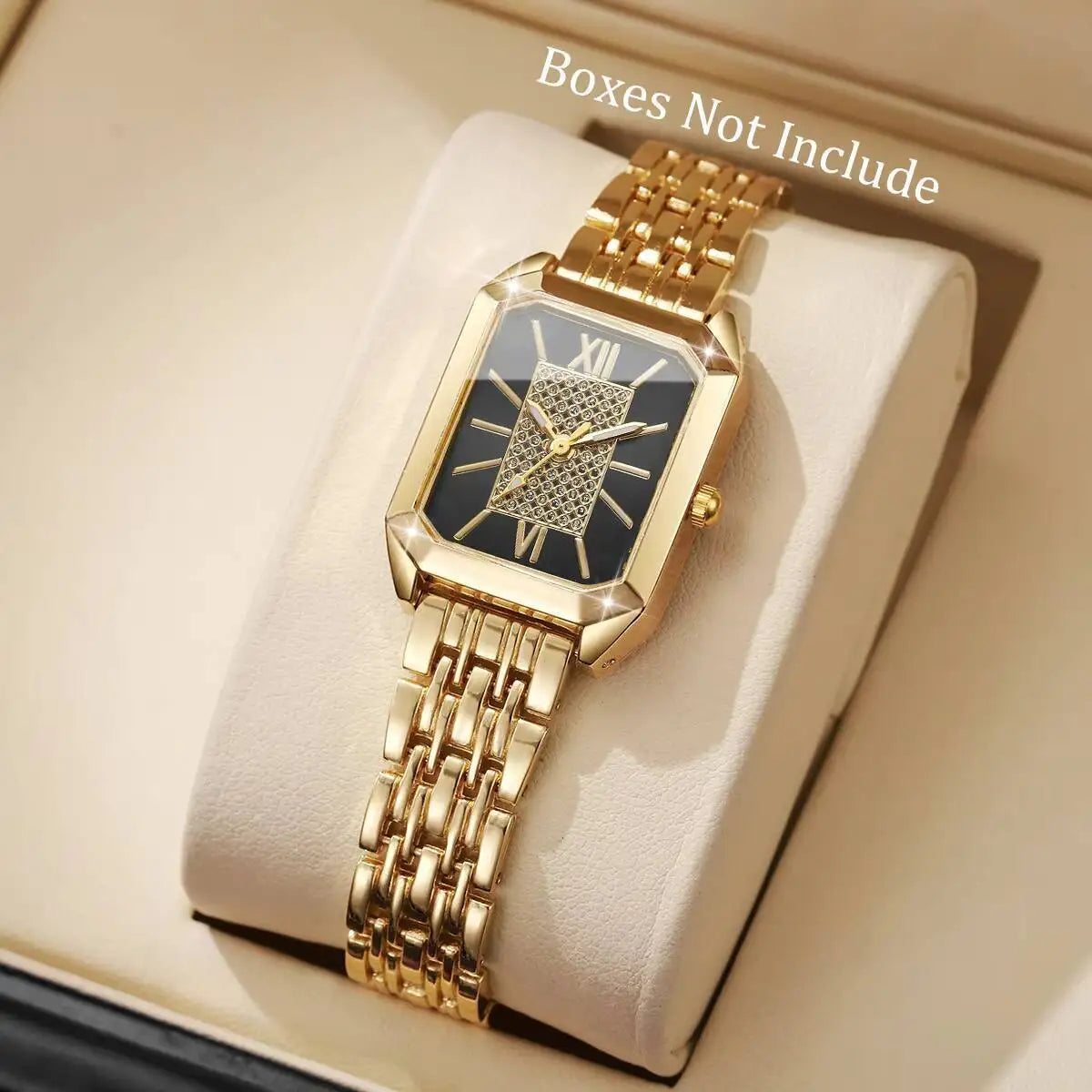 Light Luxury Steel Band Women's Watch, Needle for Female Students, Fashionable and Simple Square Quartz Wristwatch Qme Gold Black No Box