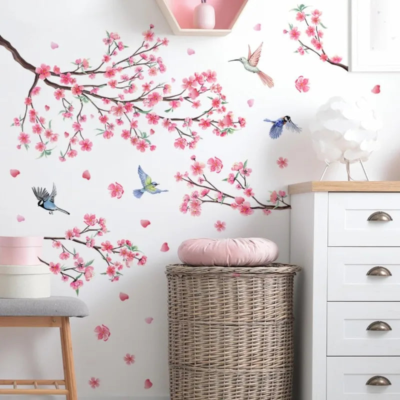 Large Cherry Blossom Wall Stickers Pink Flowers Tree Branch Birds Qme