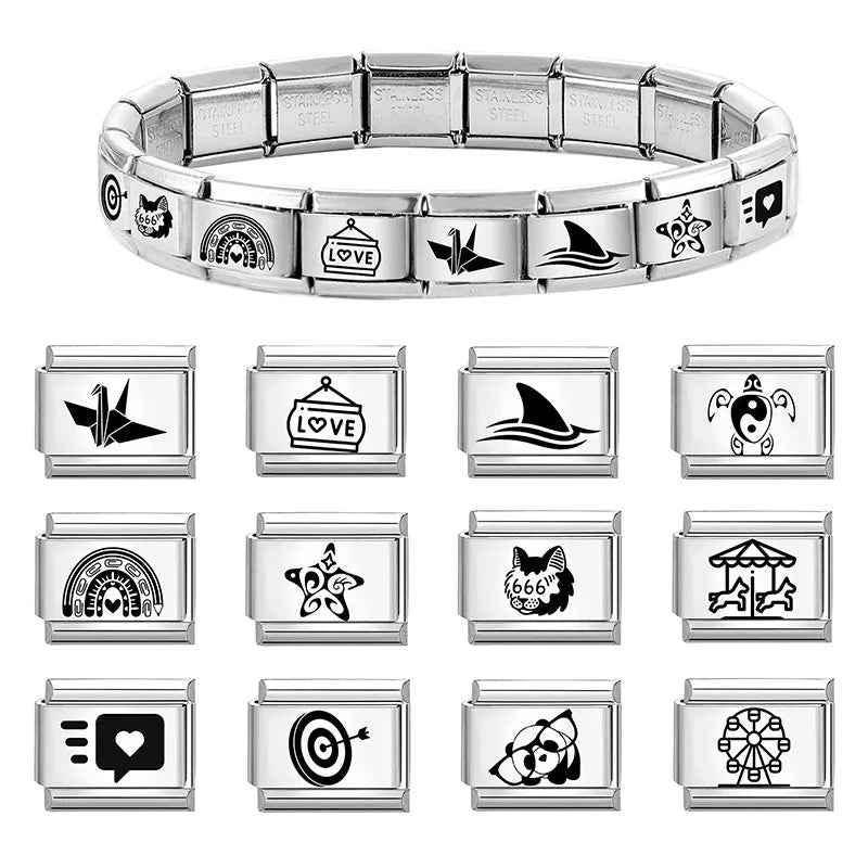 Wholesale Laser Engraving Cute Cats 666 999 Italian Charm Links Fit 9mm Stainless Steel Bracelet Women DIY Making DIY Gift Qme