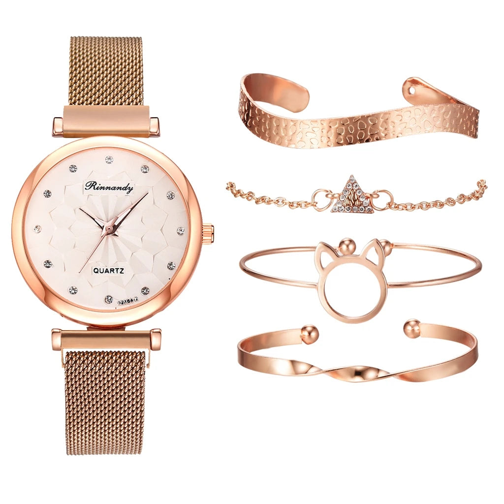 5PCS Bracelet Watches Set Fashion Women Rose Gold Mesh Belt Wristwatches Quartz Watch for Women Business Clock Relogio Feminino Qme H1-RGWH-RG